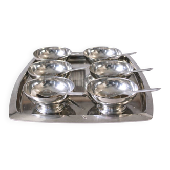 Set of 6 vintage stainless steel ice cream bowls + tray + spoons in inox.