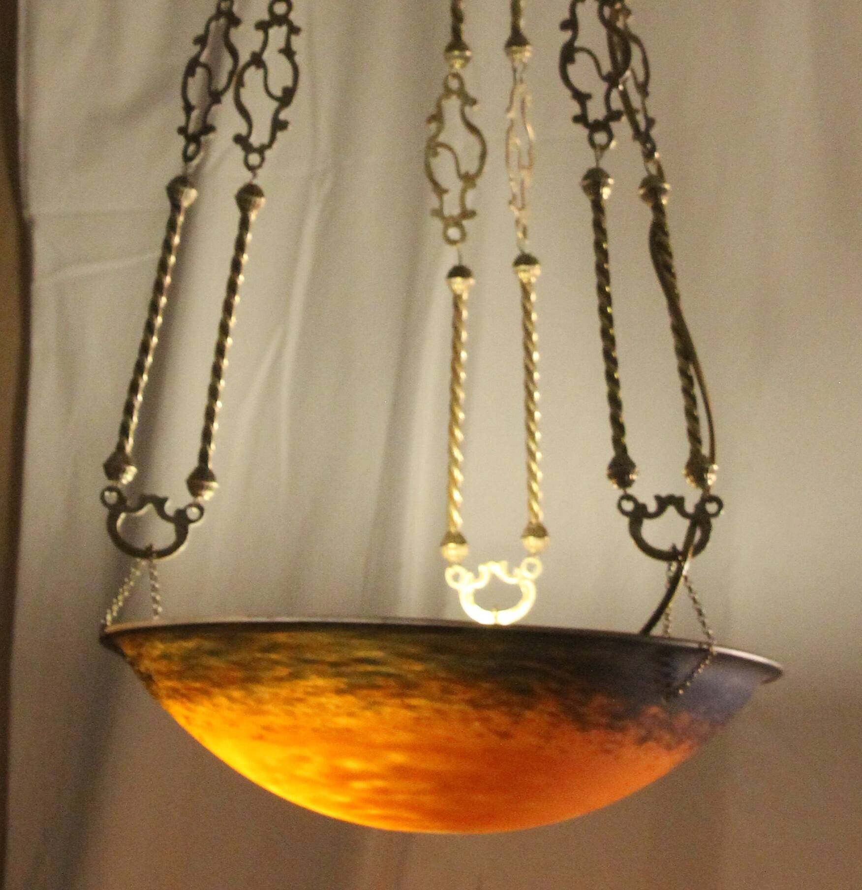 Large glass paste and brass chandelier in Art Deco style.