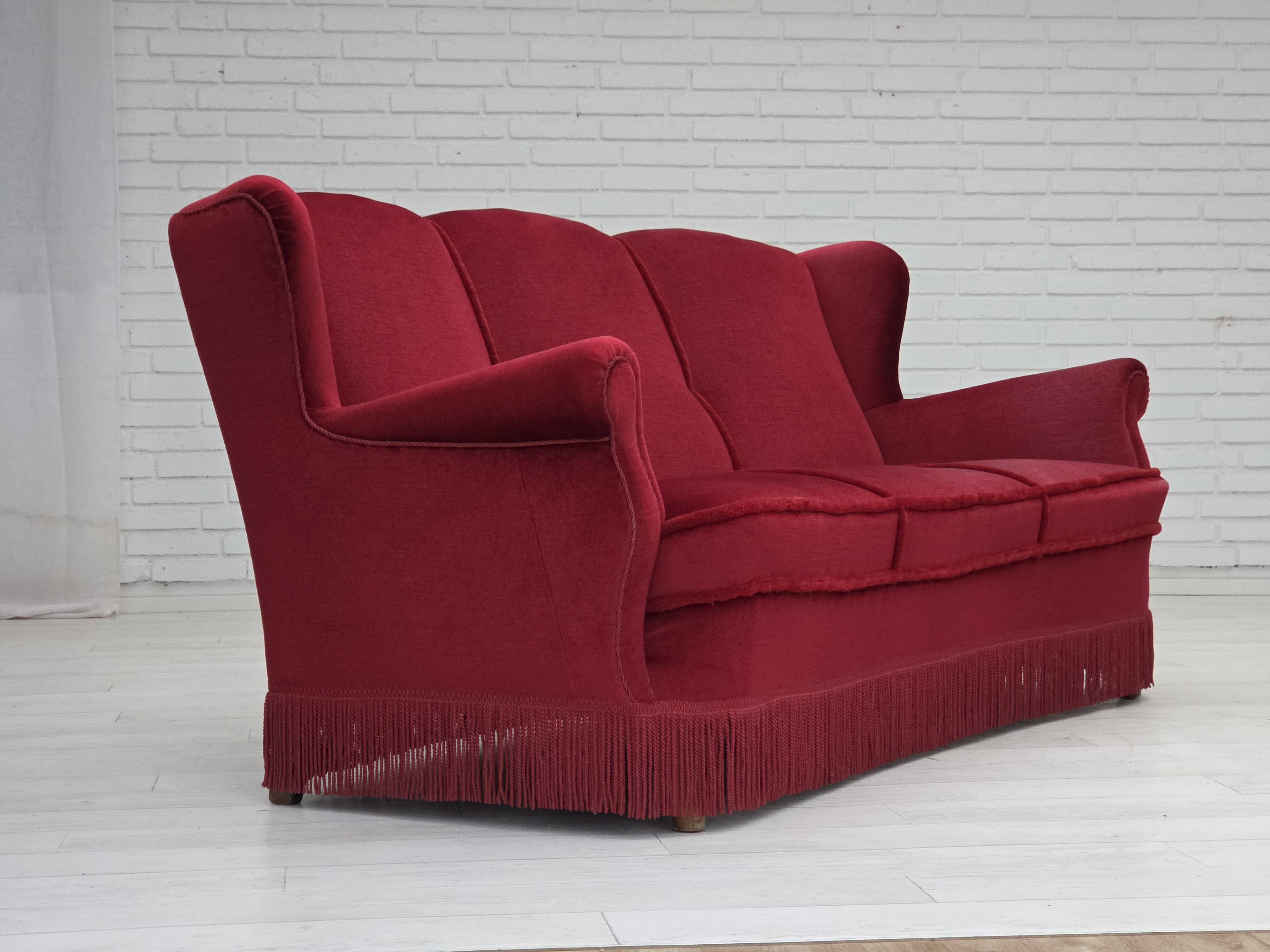 1960s, Danish 3-seater curved sofa, red furniture velour
