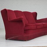 1960s, Danish 3-seater curved sofa, red furniture velour