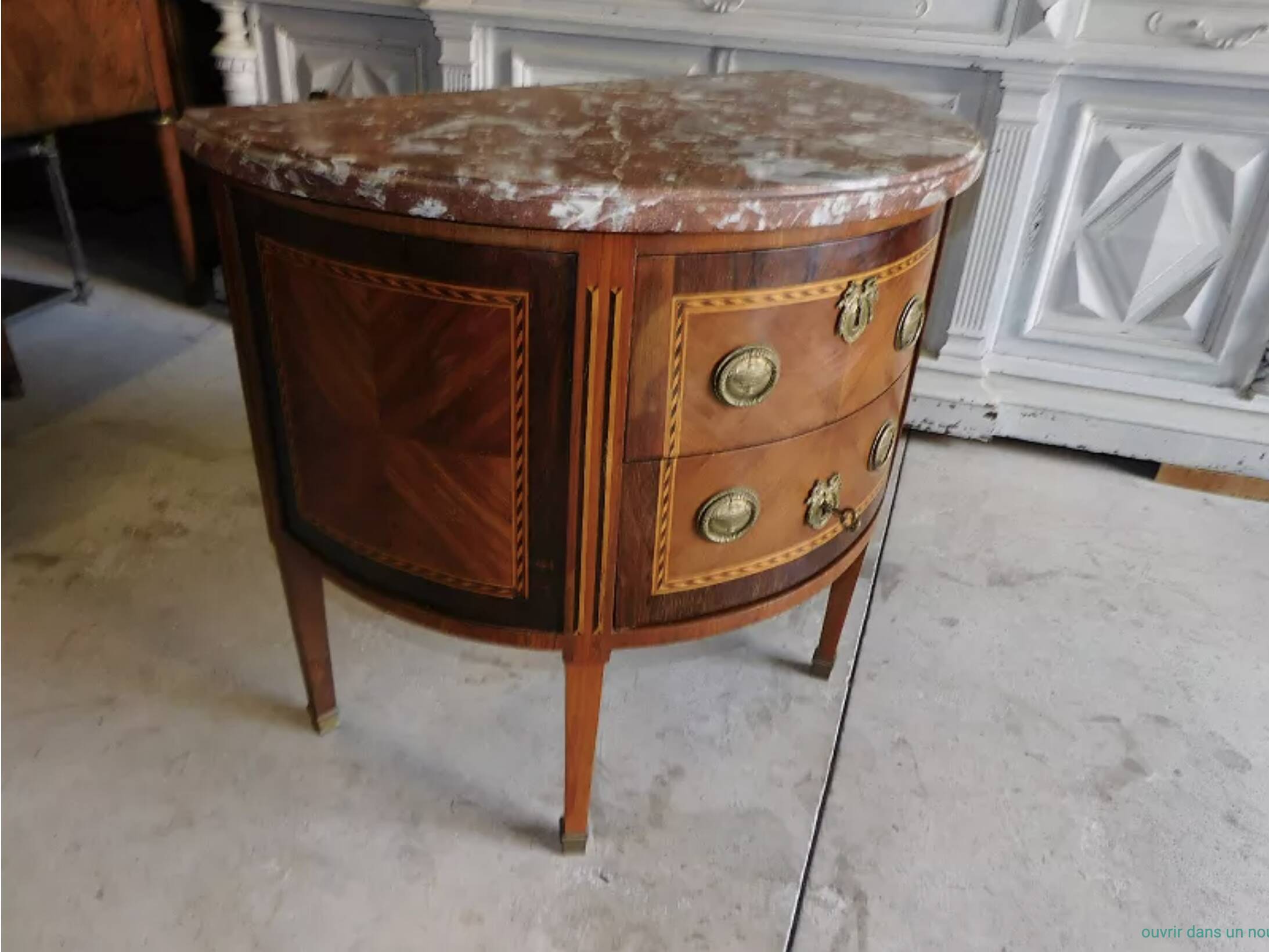 Chest of drawers half moon marquetry 2 drawers marble top late nineteenth century