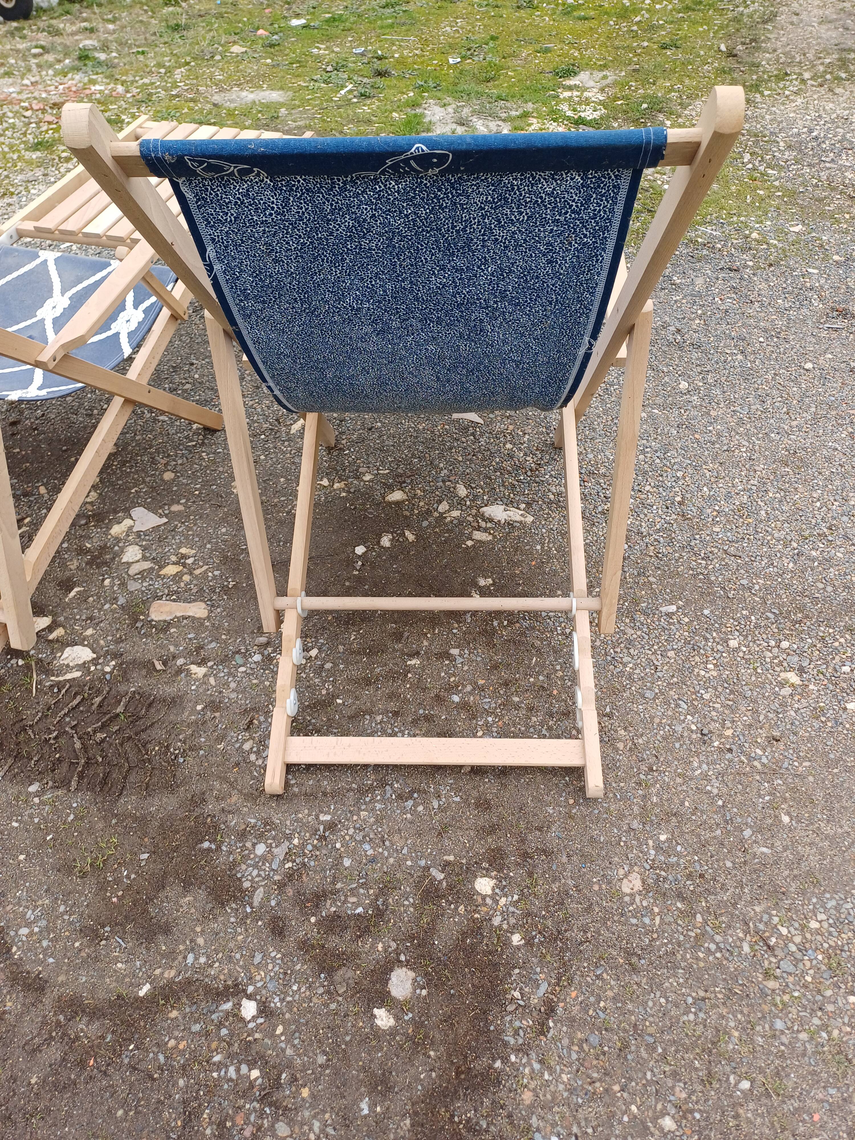 Pair of wood and fabric long chairs
