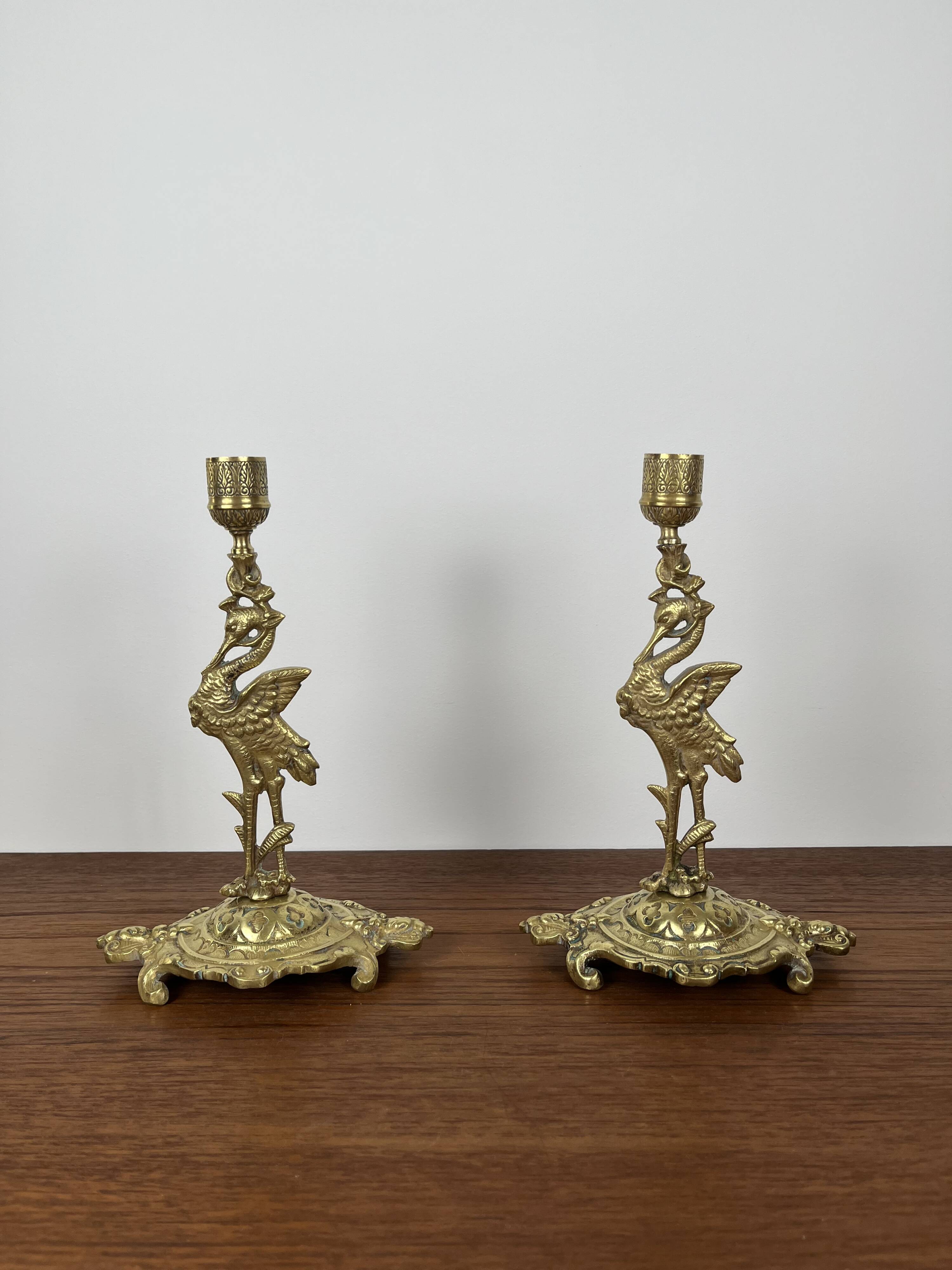 Pair of antique heron candlesticks in gilded brass – Orientalist Art Deco style