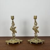 Pair of antique heron candlesticks in gilded brass – Orientalist Art Deco style