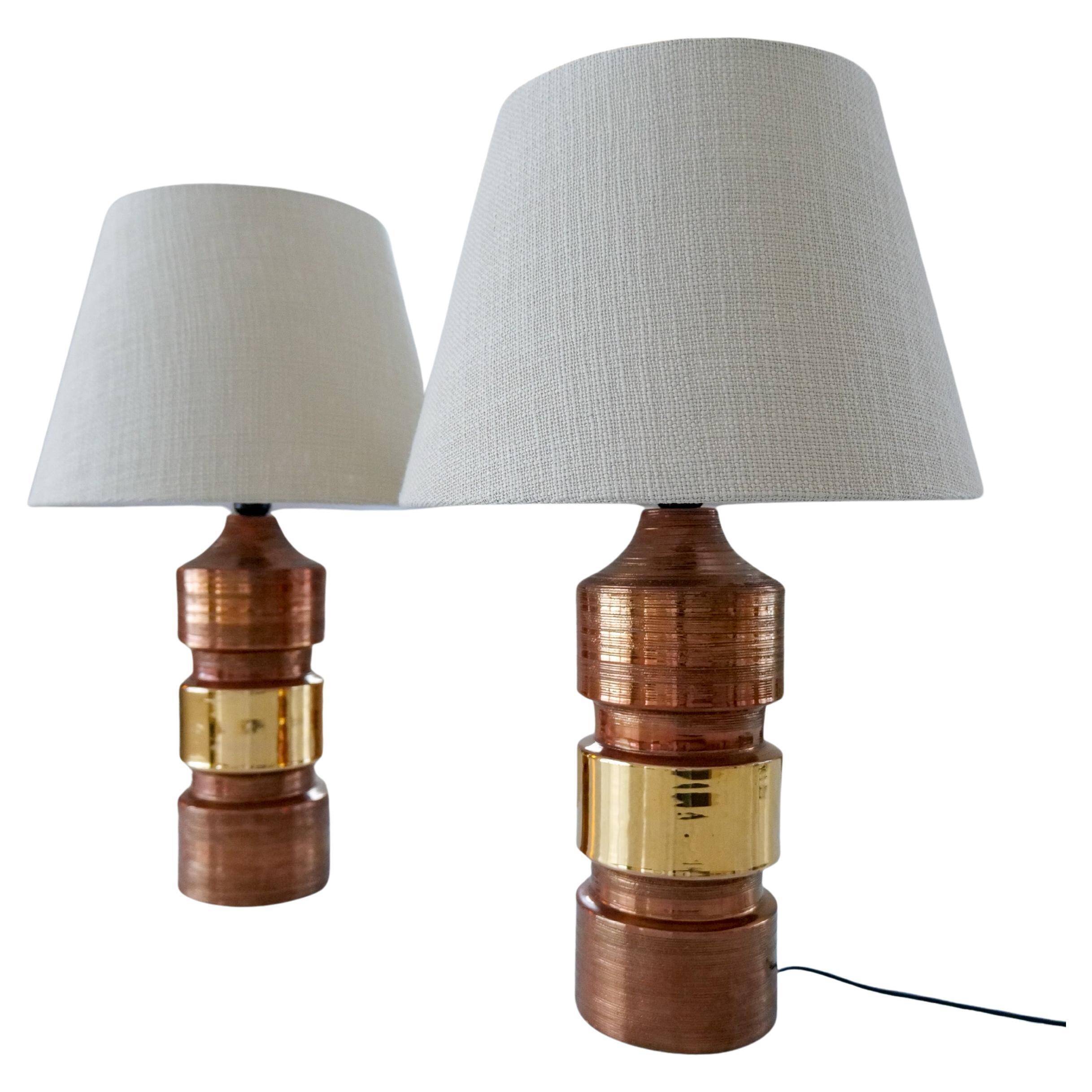 Vintage Bergboms Bitossi table lamps, ceramic with copper glaze, Sweden 1960s.