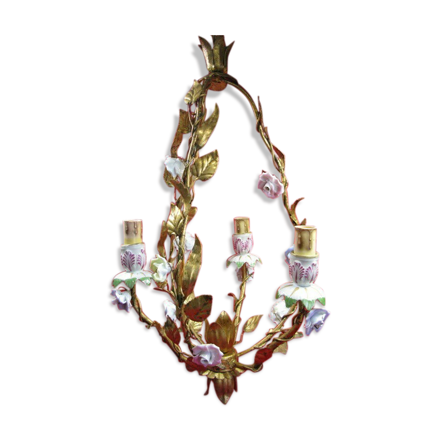 Golden cage iron chandelier 3 leafy arms of light adorned with porcelain flowers