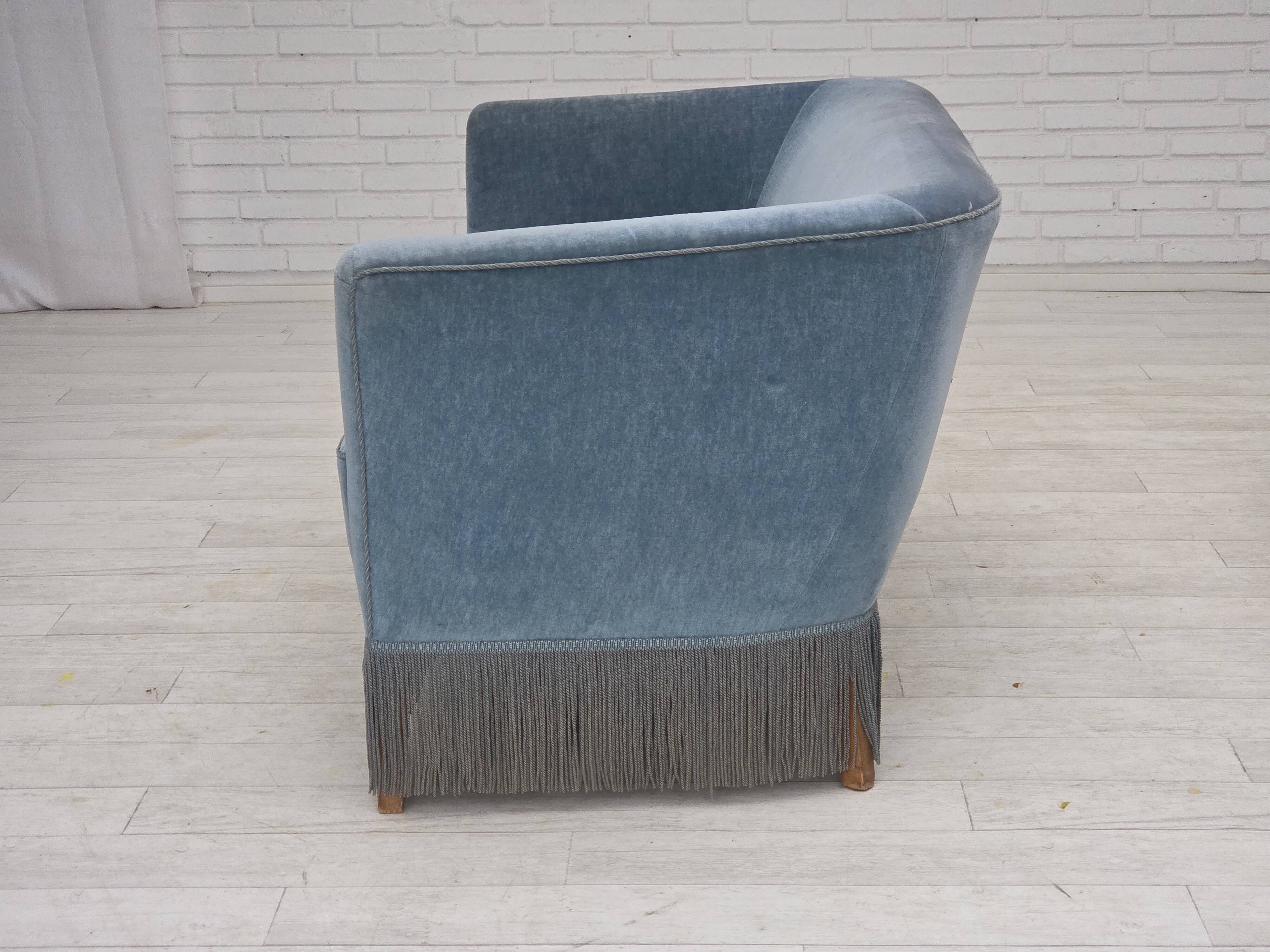 1970s, Danish 2-seater sofa, blue furniture velour, oak wood legs.