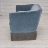 1970s, Danish 2-seater sofa, blue furniture velour, oak wood legs.