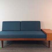 Norwegian daybed sofa in teak and blue fabric, renovated, vintage scandinavian 1960s