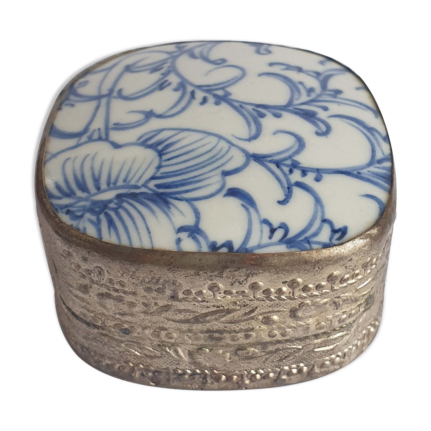 Boite ancienne métal et faience XXe Asie Chine