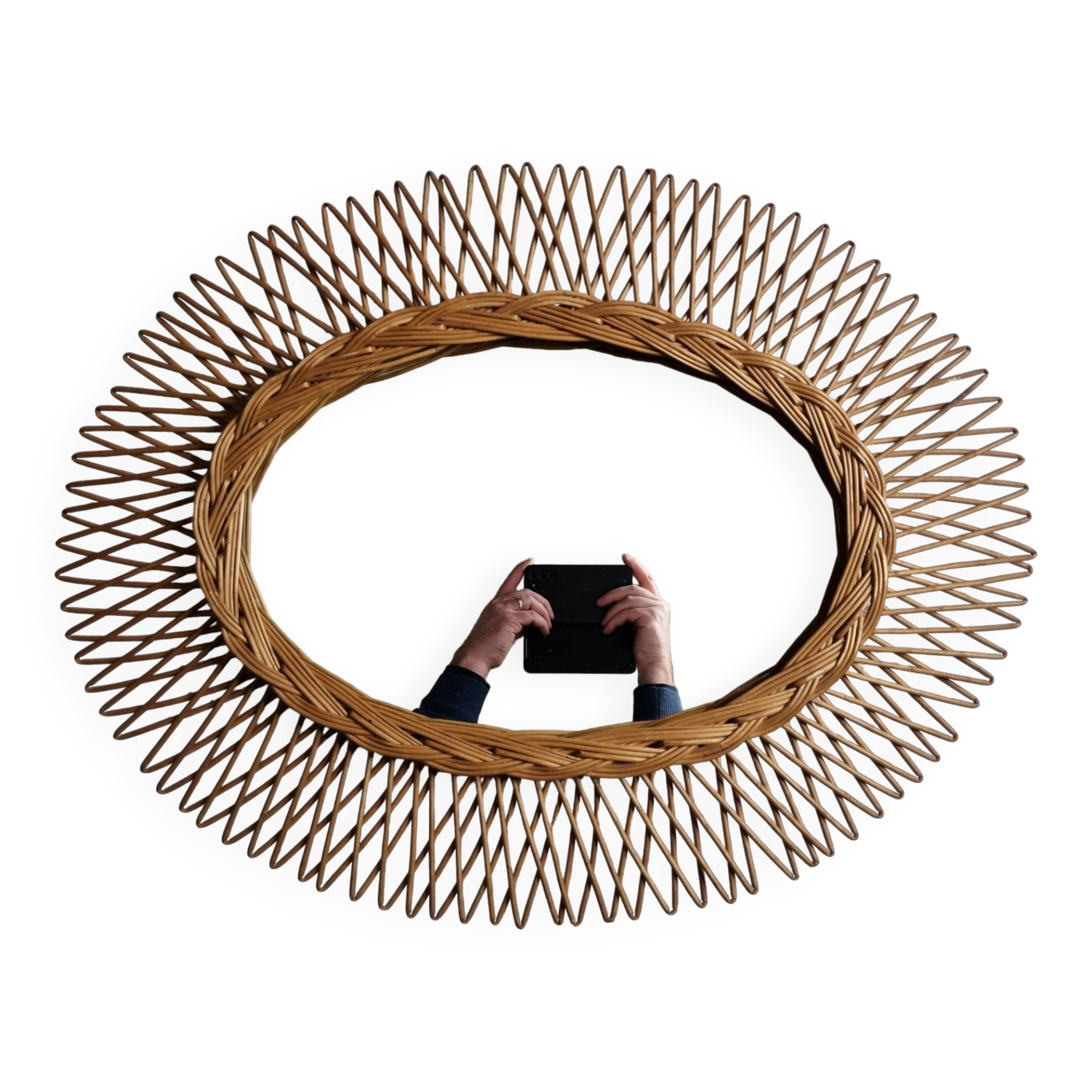 Original vintage rattan mirror, oval shape, 70 cm