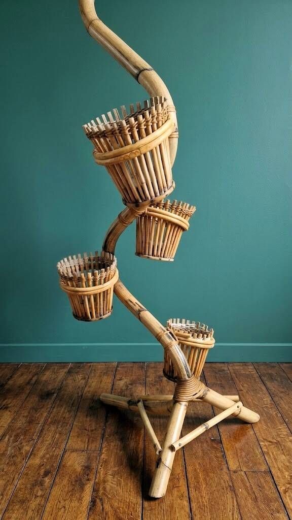 Vintage Cobra Snake Plant Stand in Bamboo and Rattan