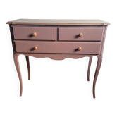 Restored console, wood veneer top and old rose, 3 drawers.
