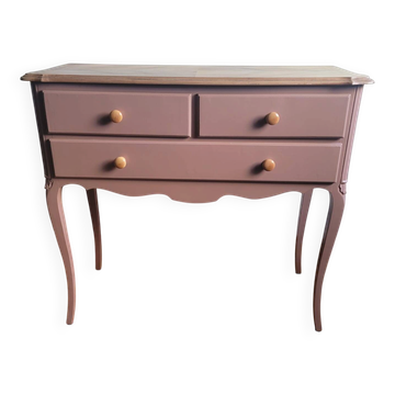 Restored console, wood veneer top and old rose, 3 drawers.
