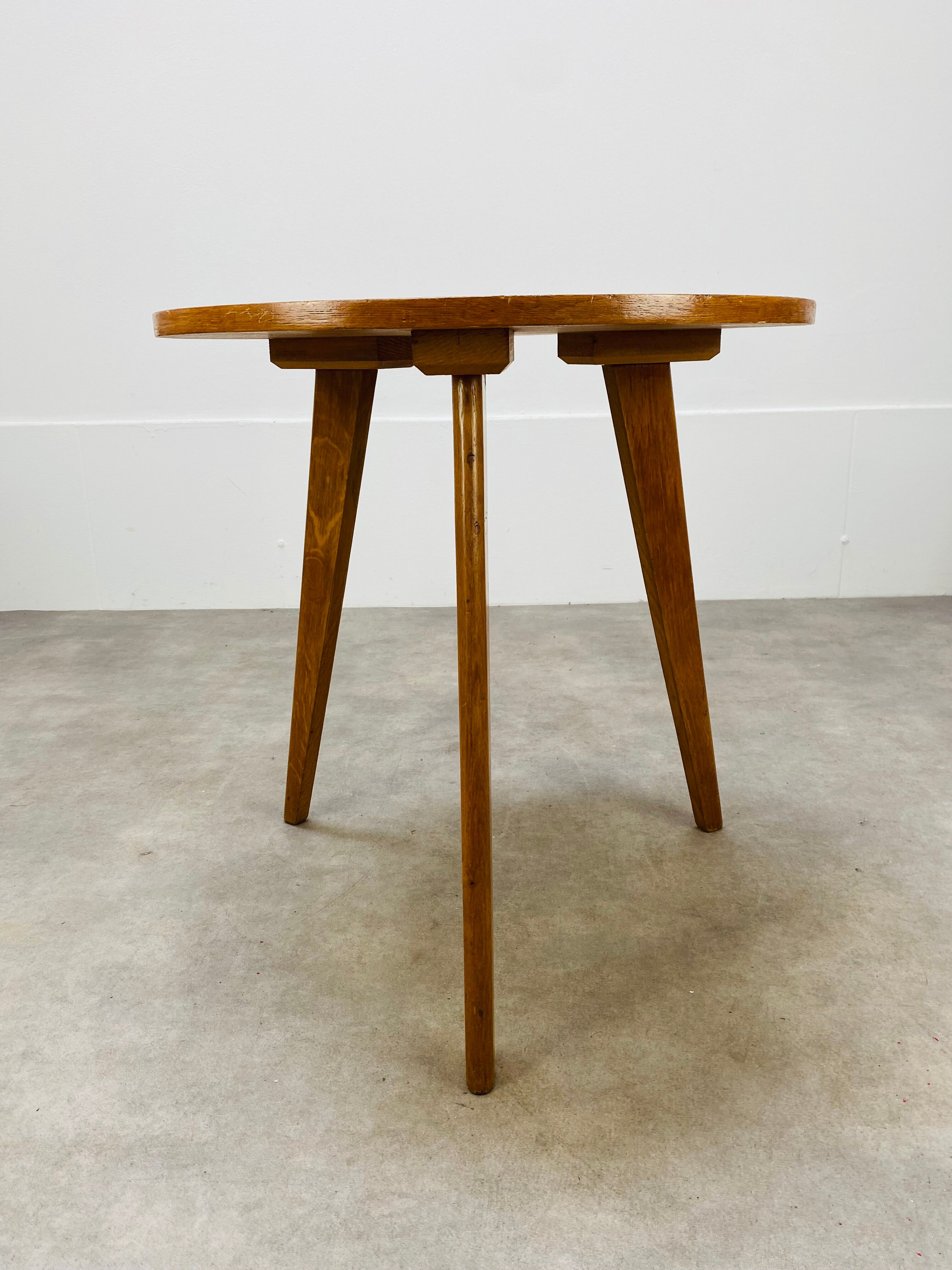 50's vintage wooden tripod side table with compass base