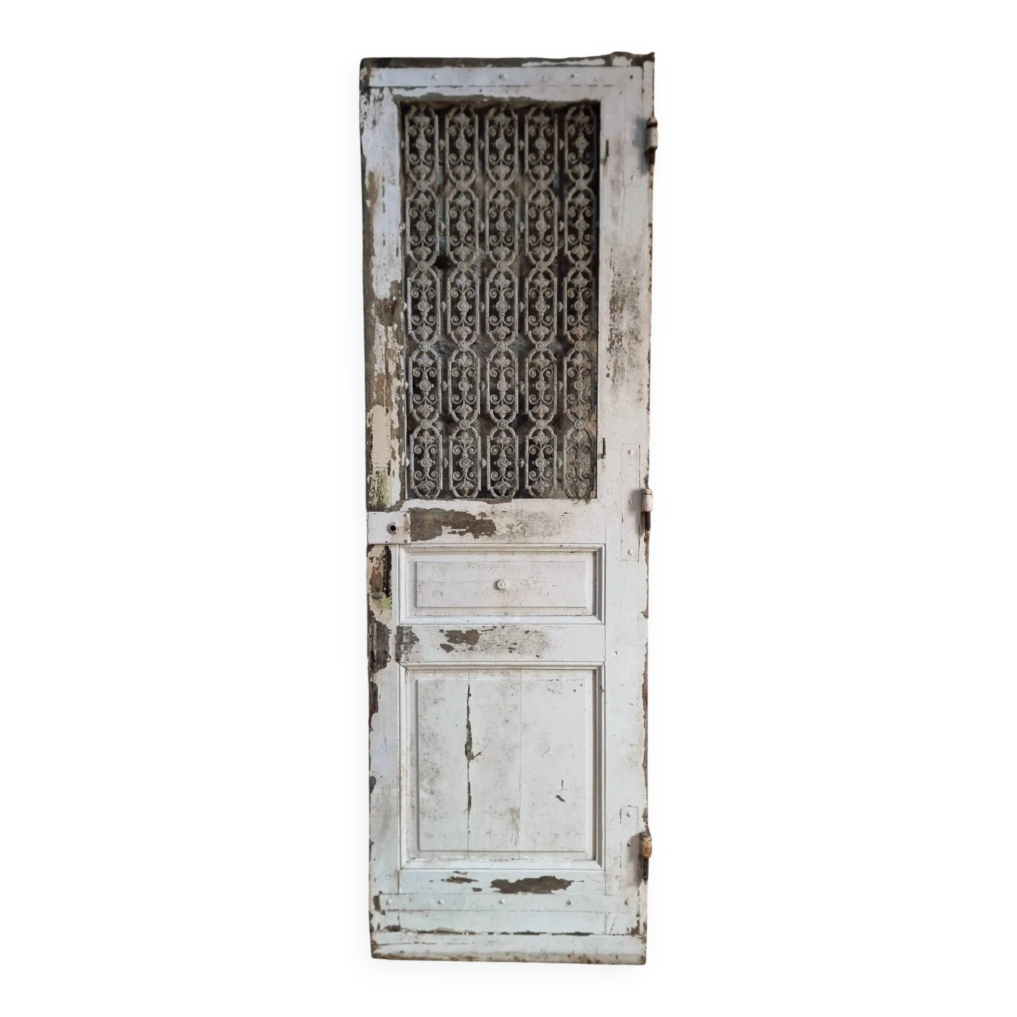 Porte d'entrée ancienne en chêne avec grille en fonte, récupération architecturale française
