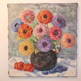 Oil painting on canvas bouquet of anemones signed Françoise (Oury) Bangor