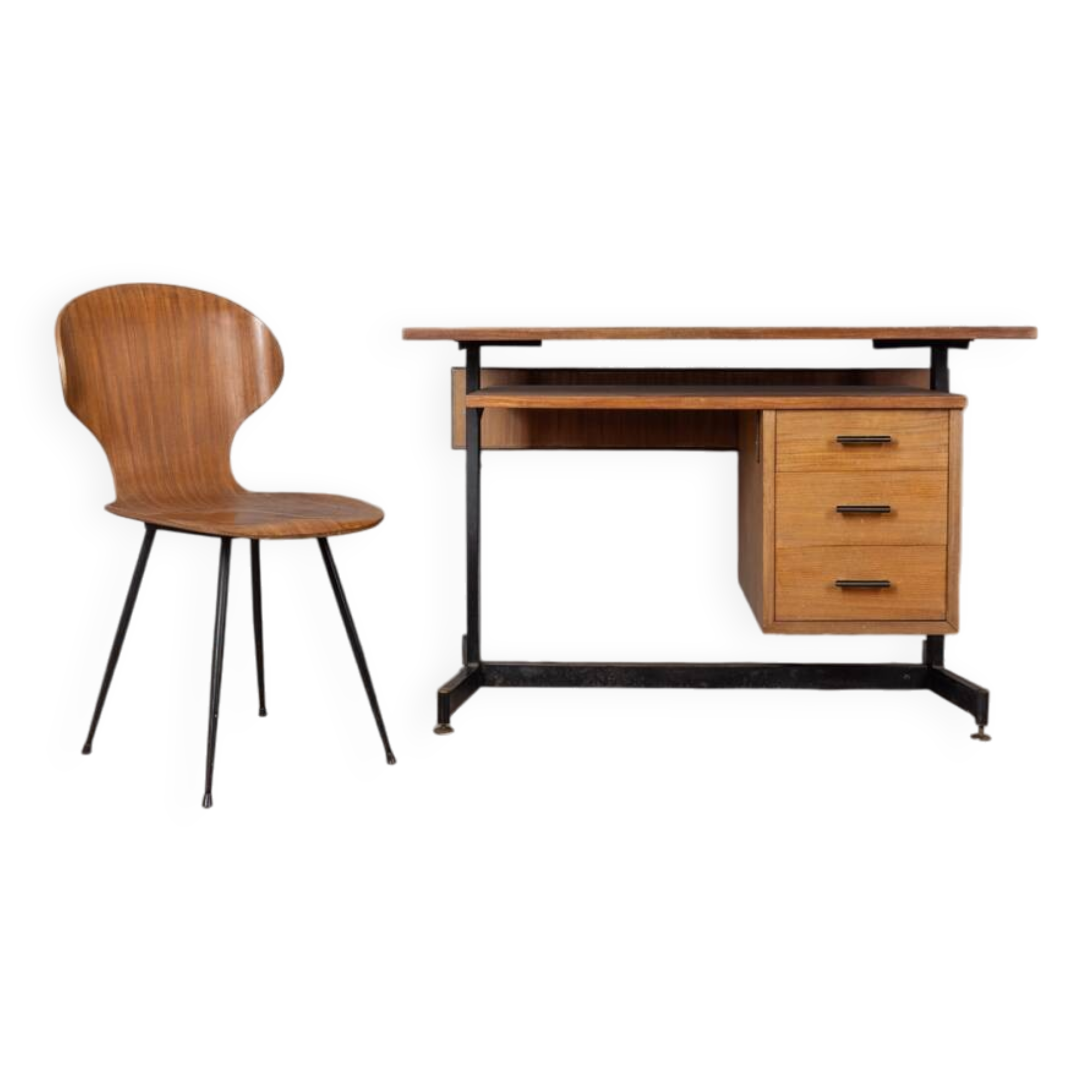 Vintage 1960s wooden desk and chair set italian design