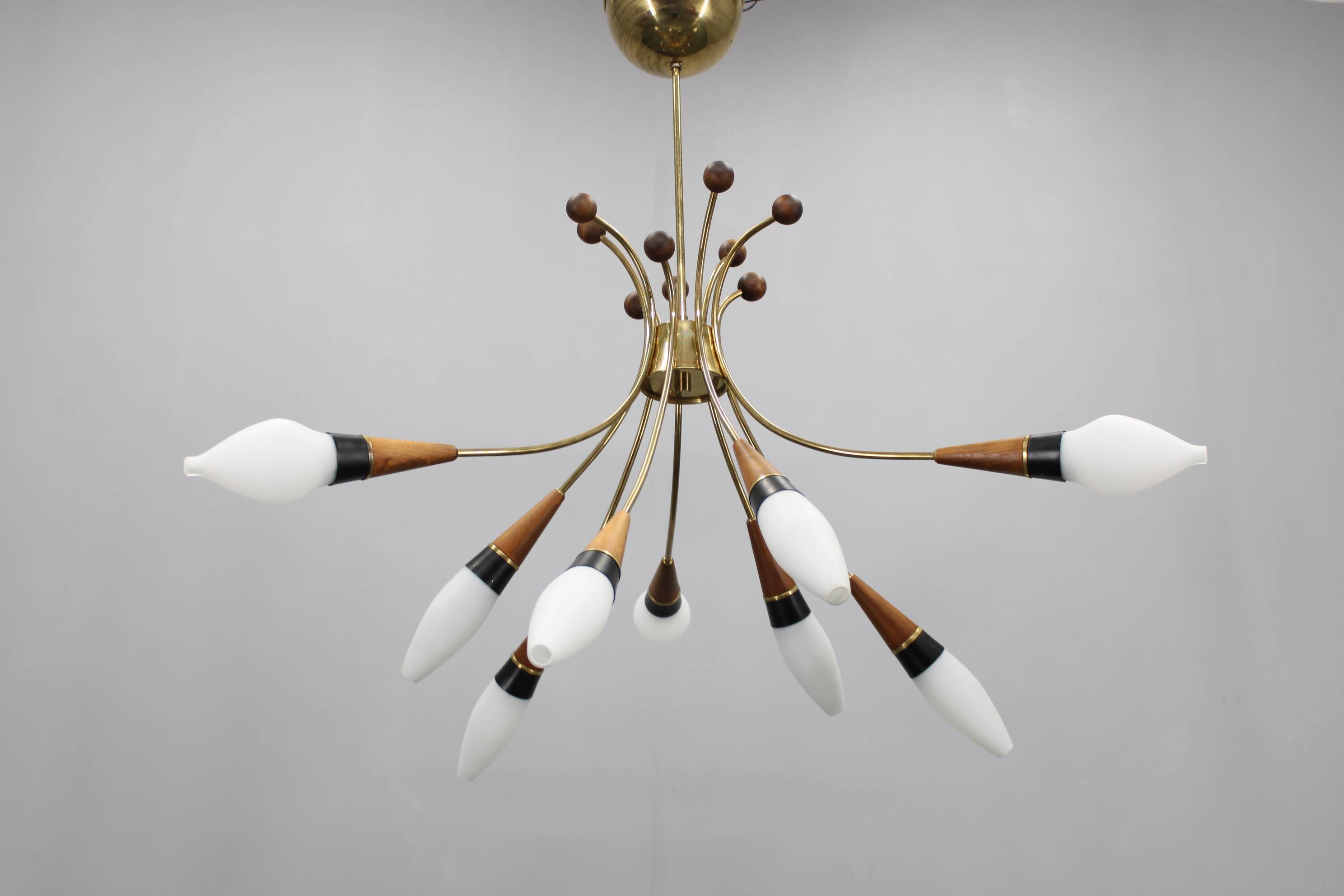 1960s Rupert Nikoll Brass and Teak Opaline Glass Chandelier, Austria