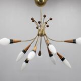1960s Rupert Nikoll Brass and Teak Opaline Glass Chandelier, Austria