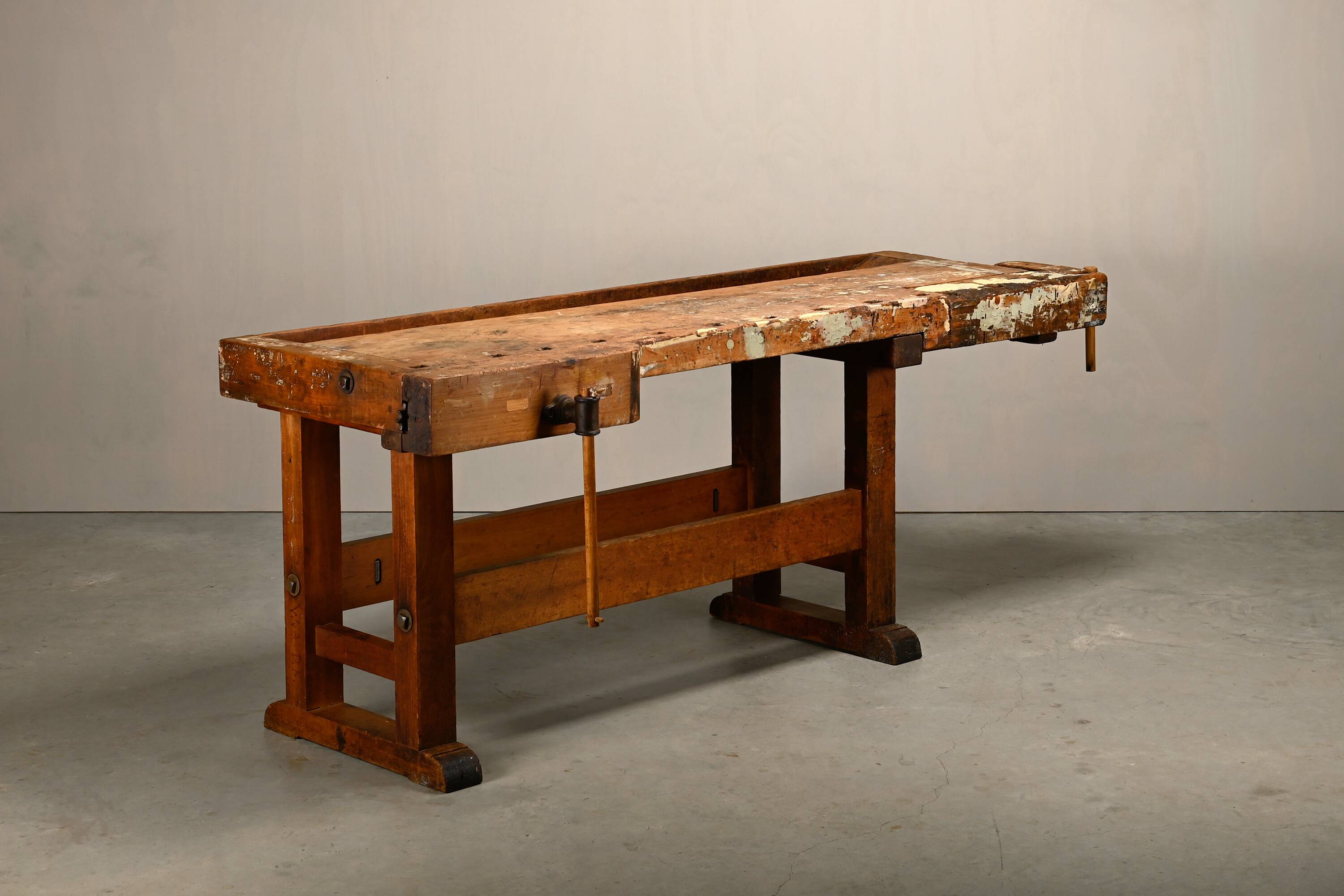 Vintage Wooden Industrial Rustic Carpenter’s Workbench with Two Vises
