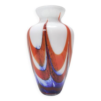 Vase vintage en verre de Murano orange, blanc et bleu attribuable à Carlo Moretti