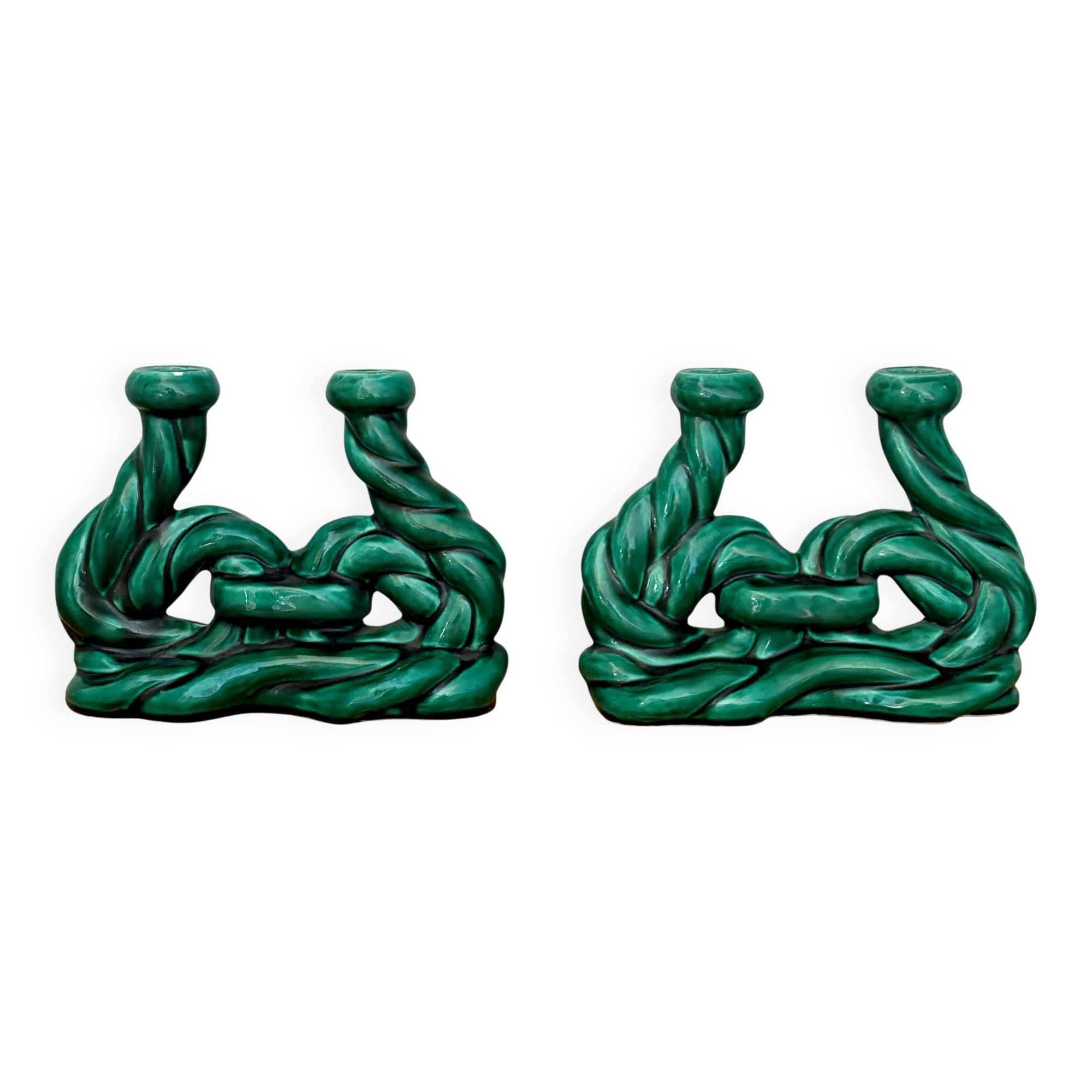 Pair of vintage green ceramic candlesticks signed Hubert Pernin, Vallauris.