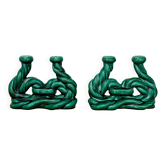 Pair of vintage green ceramic candlesticks signed Hubert Pernin, Vallauris.