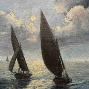Tableau HST Marine mid-20th century "Sailboats in the Moonlight" signed
