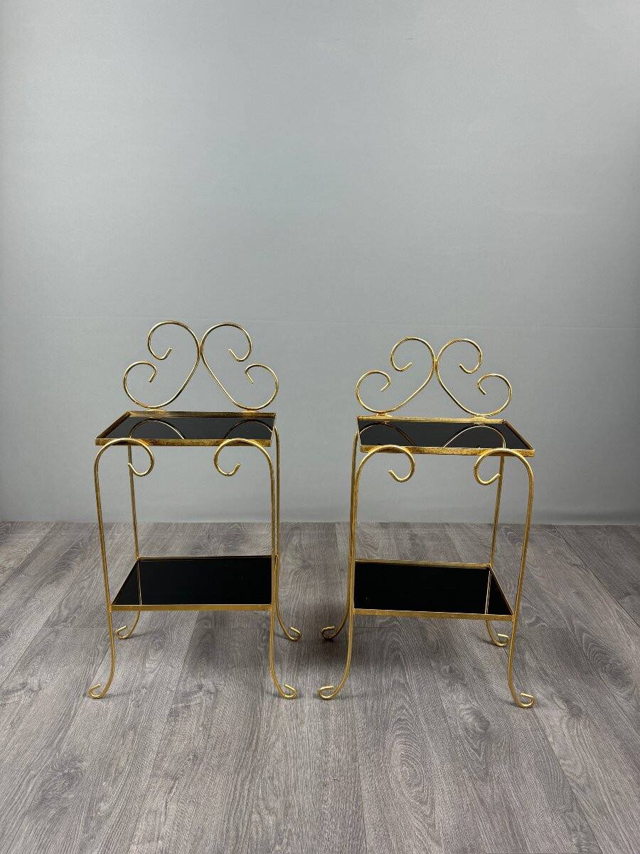 Pair of vintage side tables in gilt metal, with glazed ceramic tops