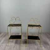 Pair of vintage side tables in gilt metal, with glazed ceramic tops