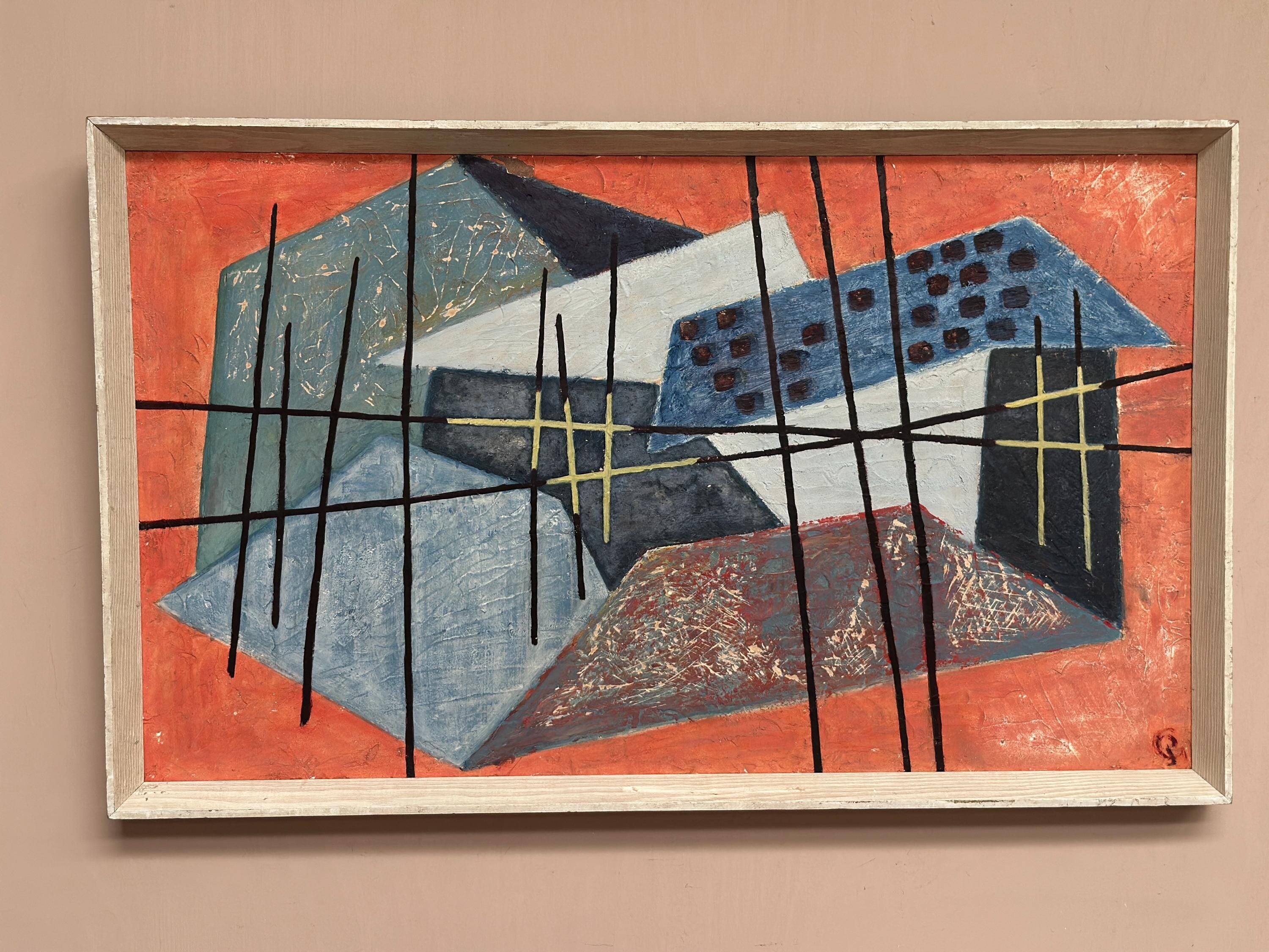 Original Swedish Abstract Oil on Panel – “Roofscape” – Signed – Vintage