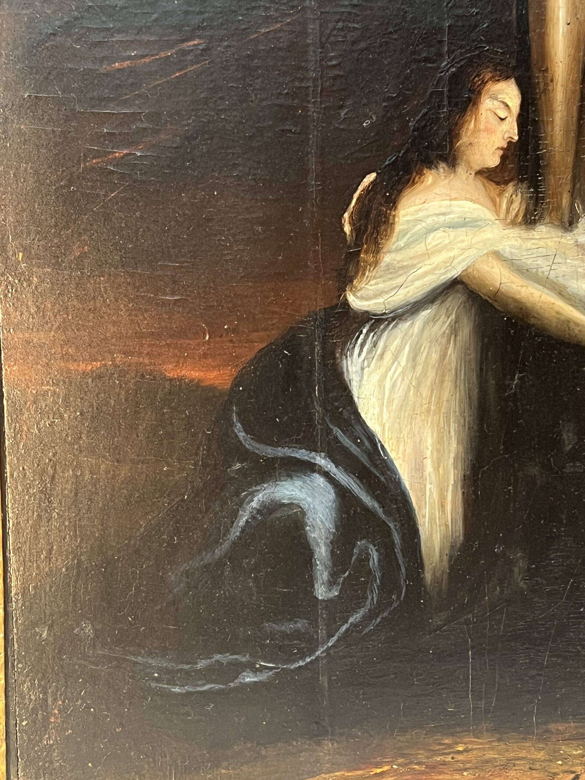 Beautiful religious work from the 17th century, oil on panel representing Christ on his cross with Mary Magdalene at his feet