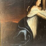 Beautiful religious work from the 17th century, oil on panel representing Christ on his cross with Mary Magdalene at his feet