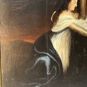 Beautiful religious work from the 17th century, oil on panel representing Christ on his cross with Mary Magdalene at his feet