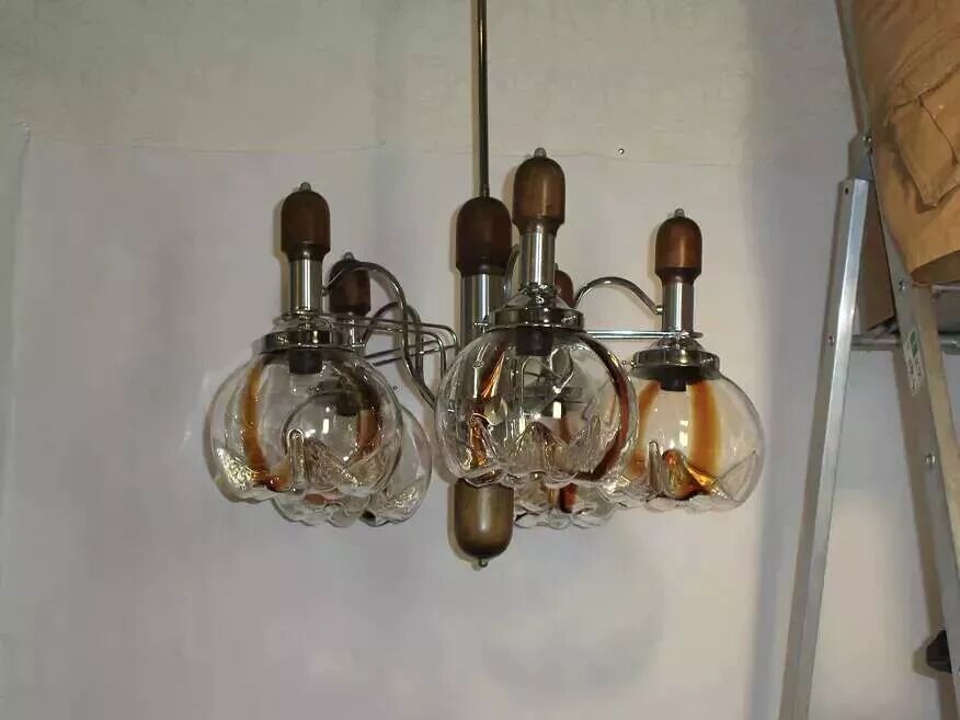 Murano glass chandelier in wood and chrome for Mazzega 60/70
