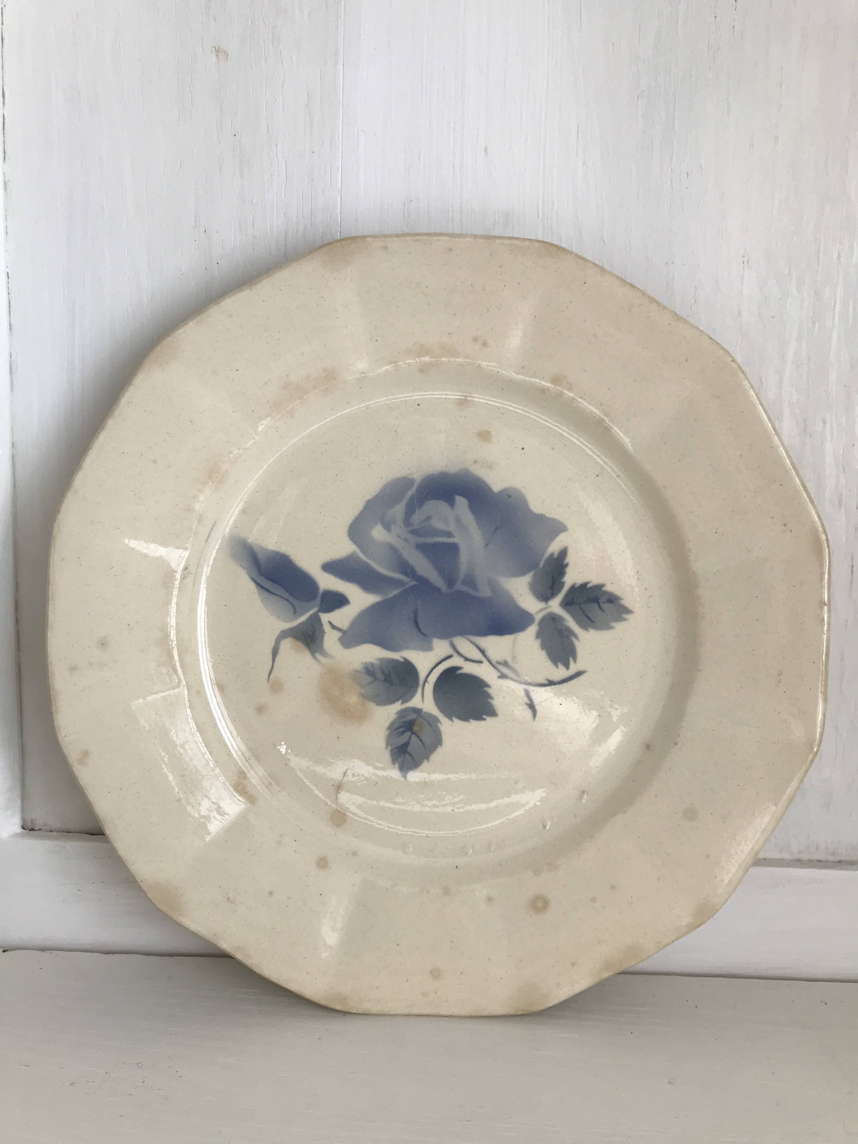 Set of 11 Digoin flat plates, blue rose patterns