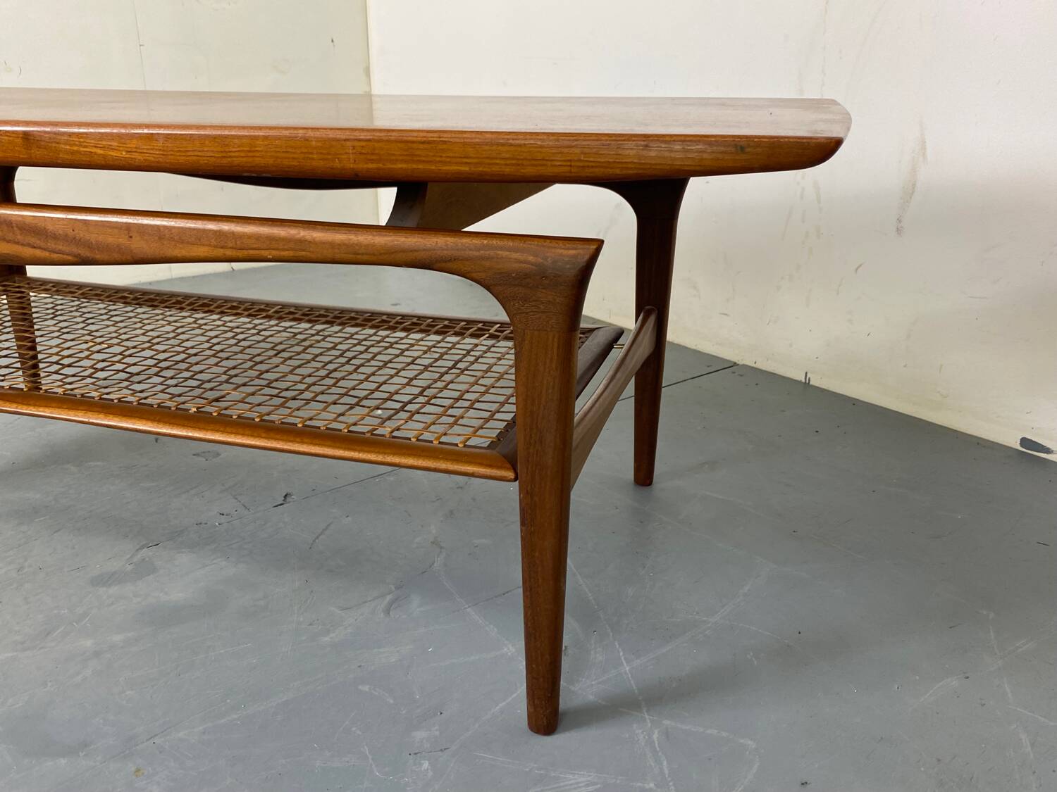 Mid-Century Danish Teak and Rattan Scandinavian Coffee Table, 1950s