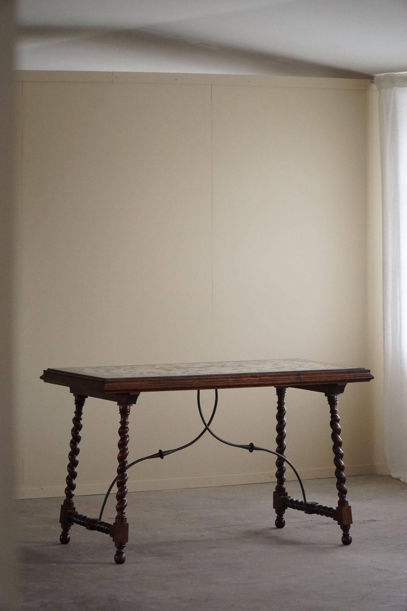 Antique Italian desk table, walnut and marble, Naples, 19th century.