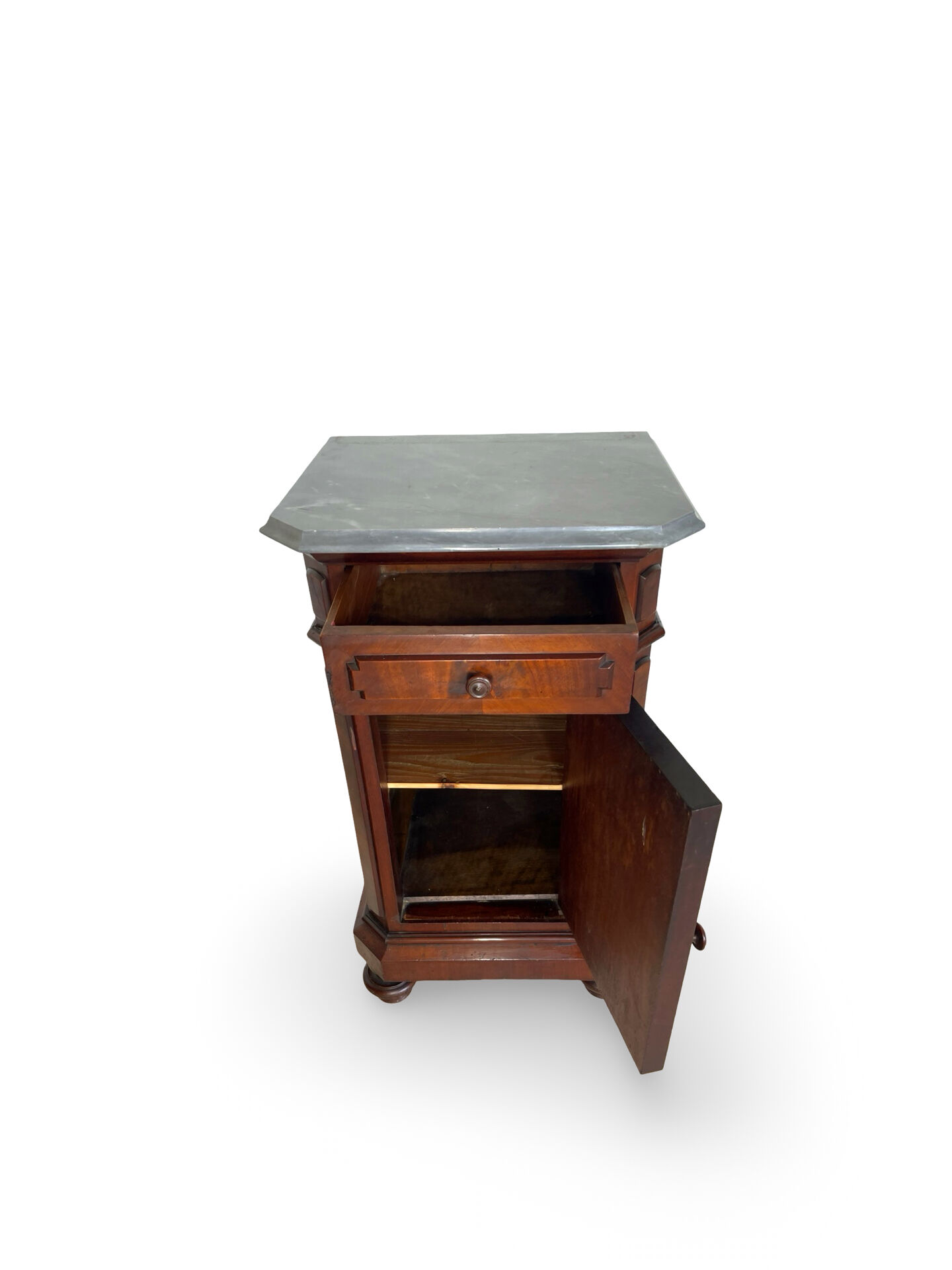 A pair of antique walnut bedside tables from the 1890s.