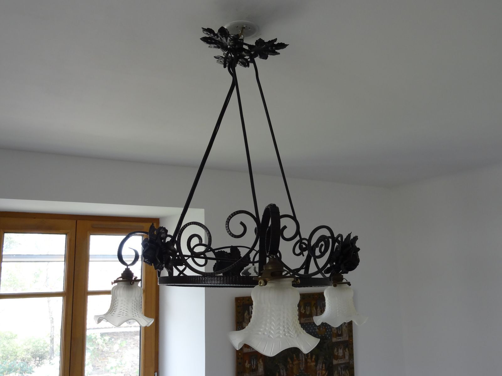 iron and opalin glass hanging lamp