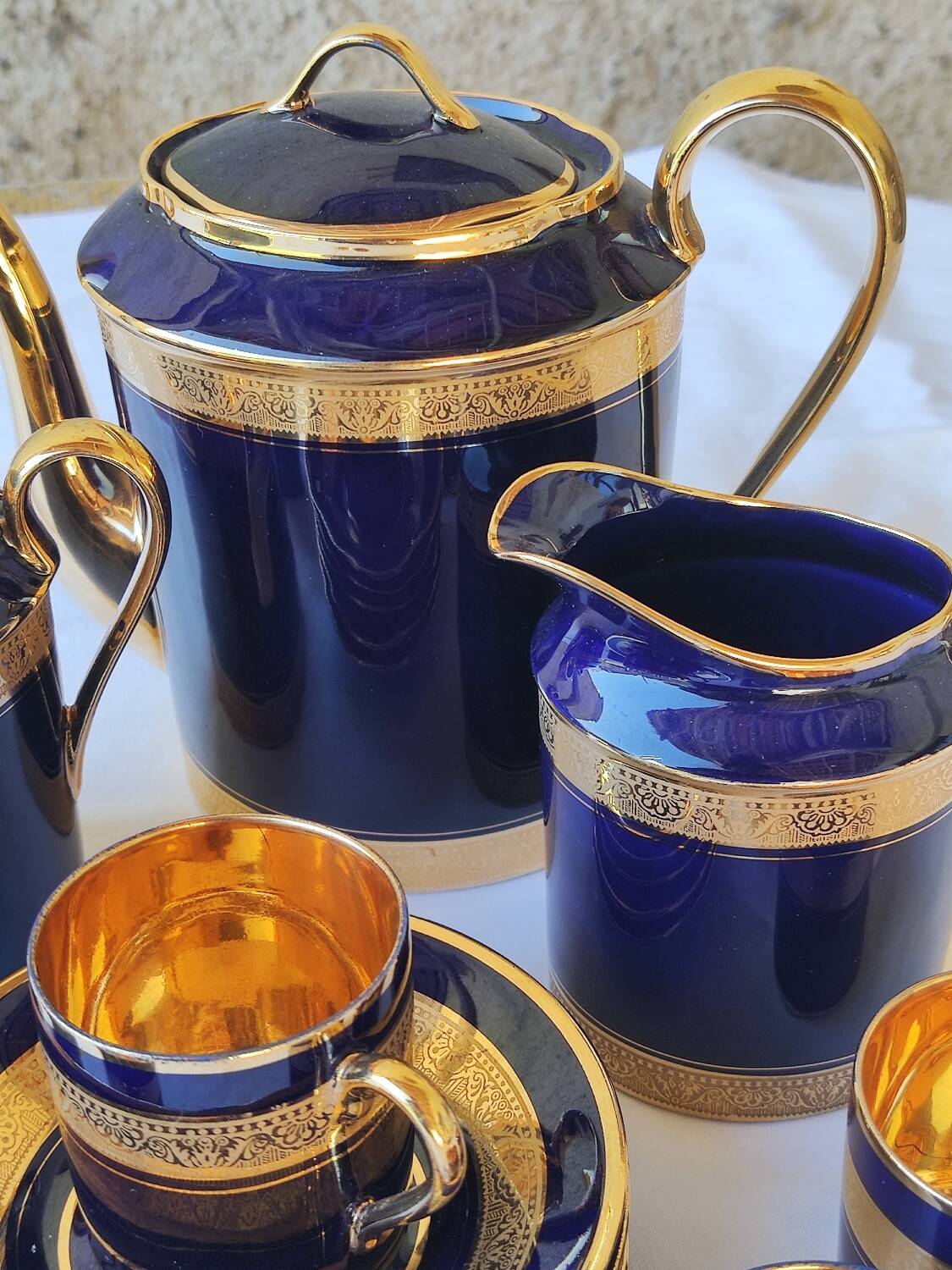 Limoges porcelain coffee service - Egle - Oven blue and gold -