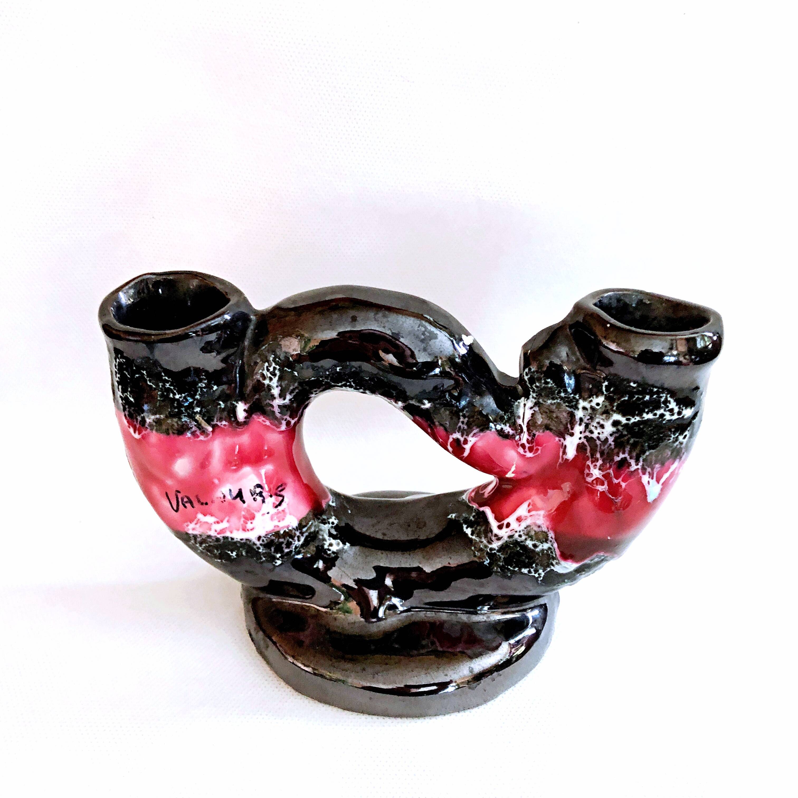 Vintage artisanal two-tone earthenware candle holder Vallauris France