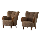 Pair of Danish Art Deco modern lounge chairs in sheepskin with lambswool and elm, 1940s.