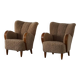 Paire de fauteuils lounge danois Art déco moderne en peau de mouton à laine d'agneau et orme, années 1940