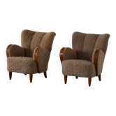 Paire de fauteuils lounge danois Art déco moderne en peau de mouton à laine d'agneau et orme, années 1940