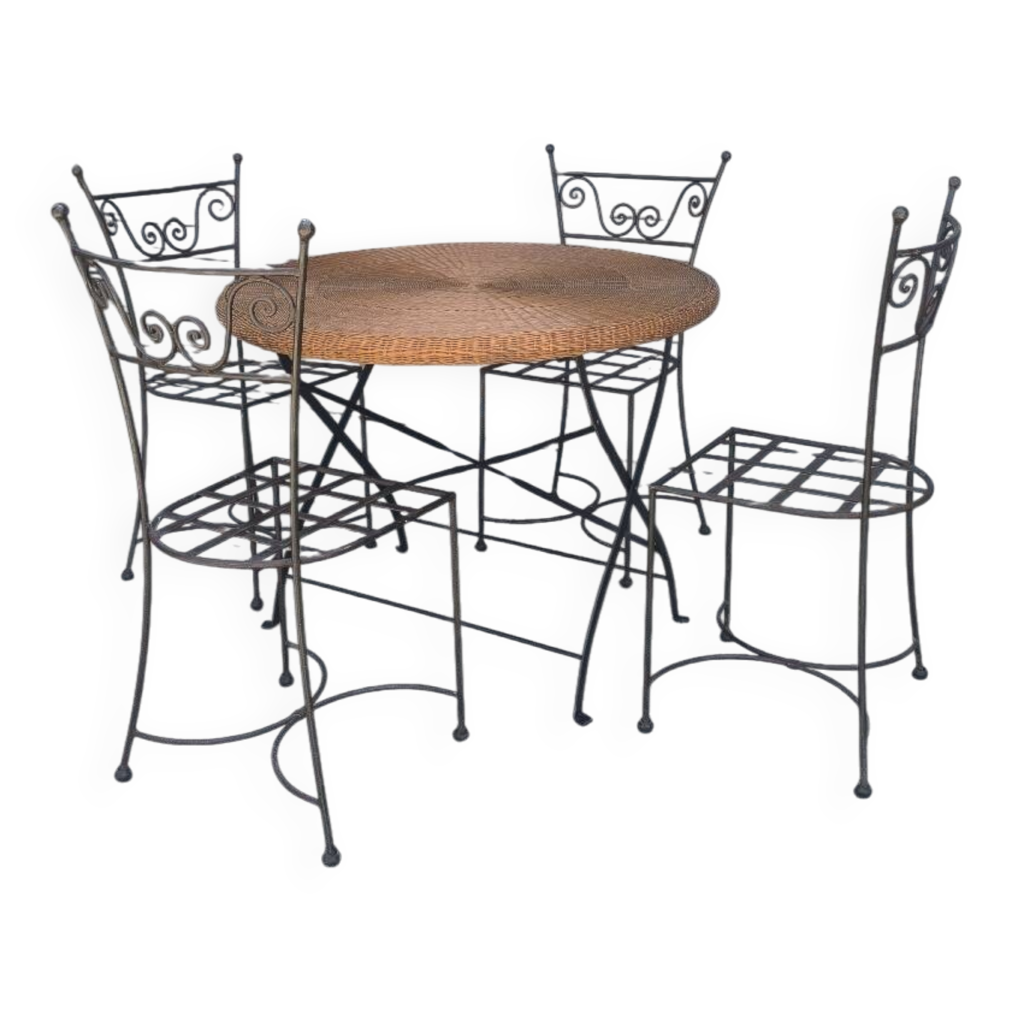 Salon de jardin en fer forgé et osier