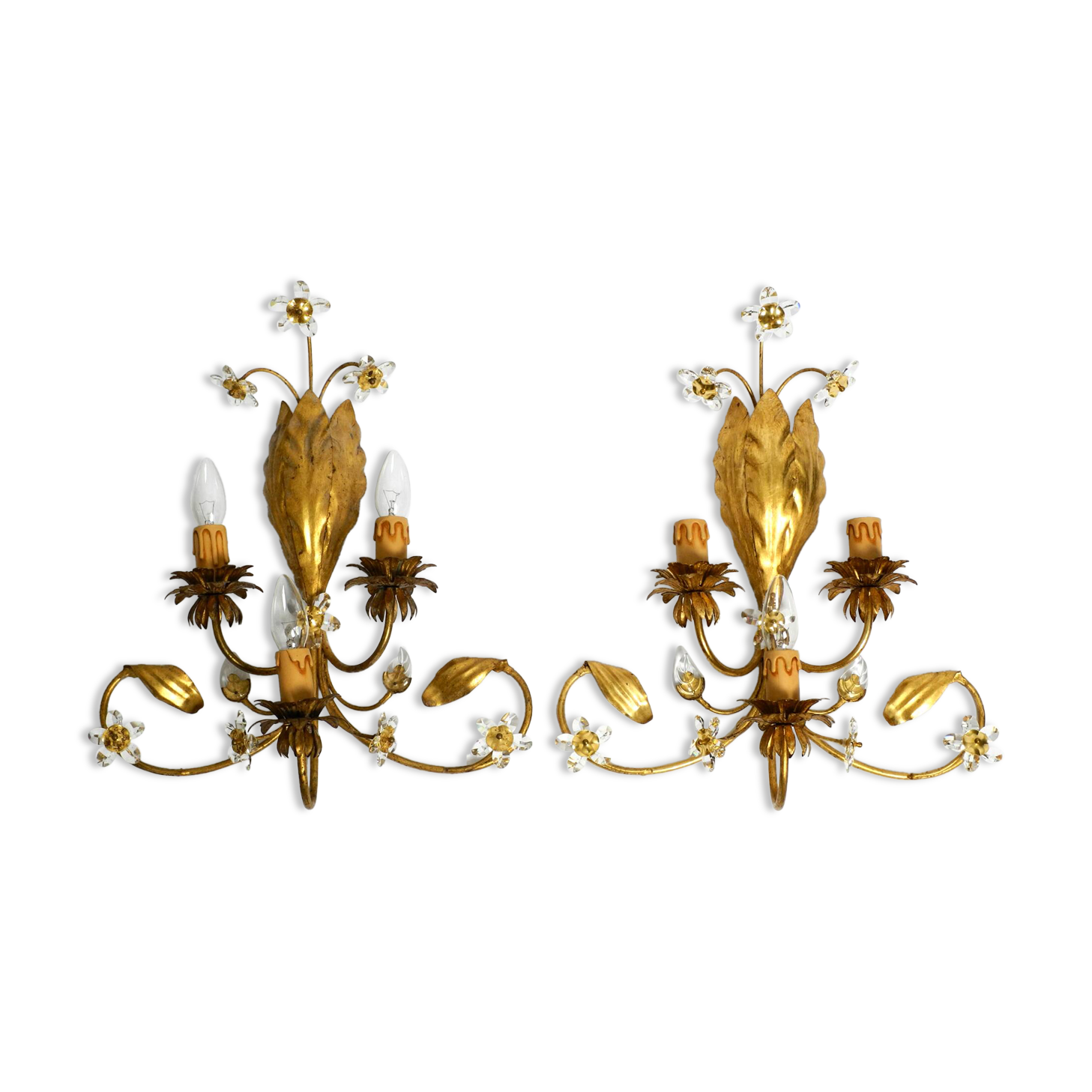 Pair of gold plated Italian 1980's floral Regency Murano glass sconces