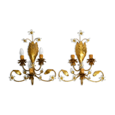 Pair of gold plated Italian 1980's floral Regency Murano glass sconces