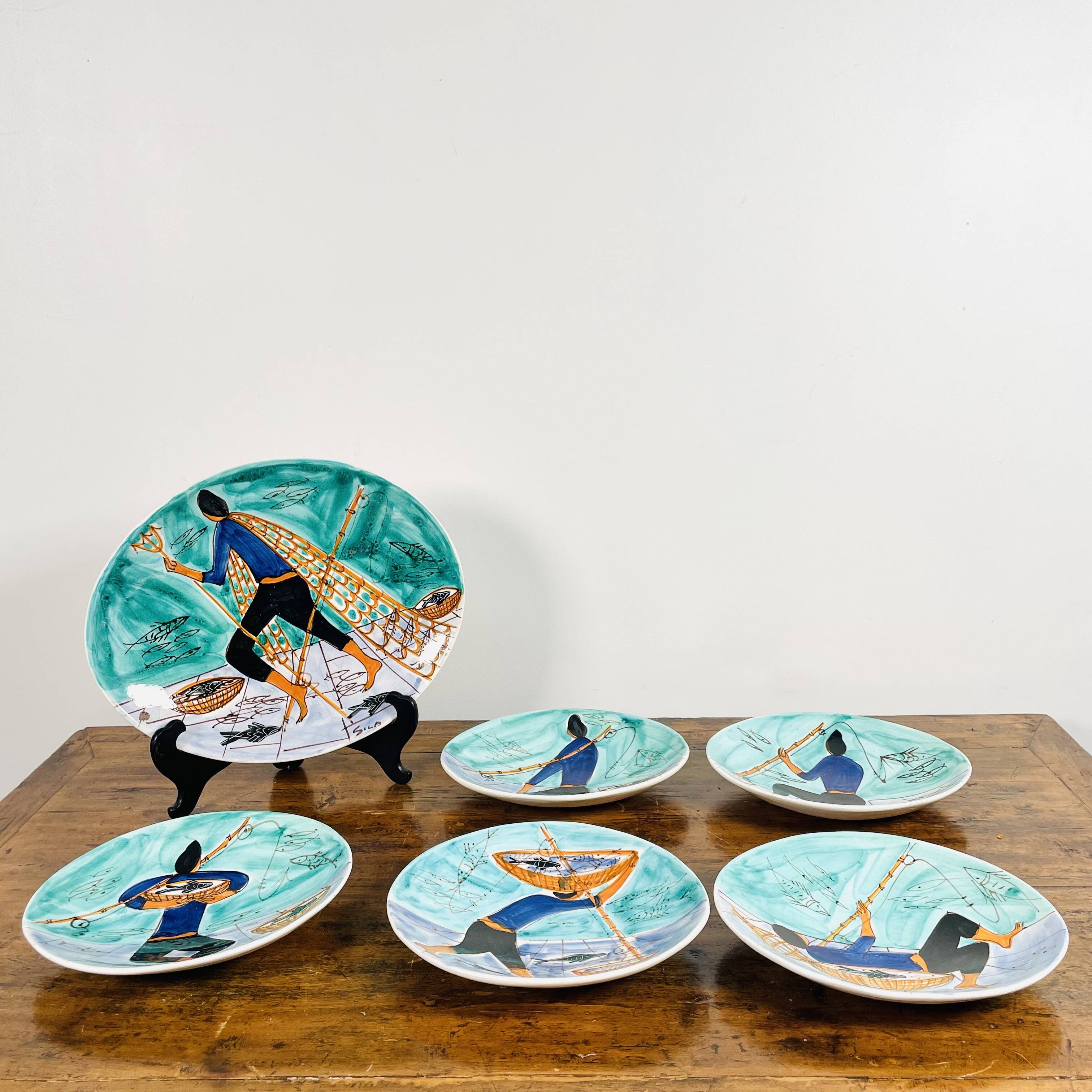 Magnificent set of 5 plates and 1 dish by Cesare Sartori for Sica.